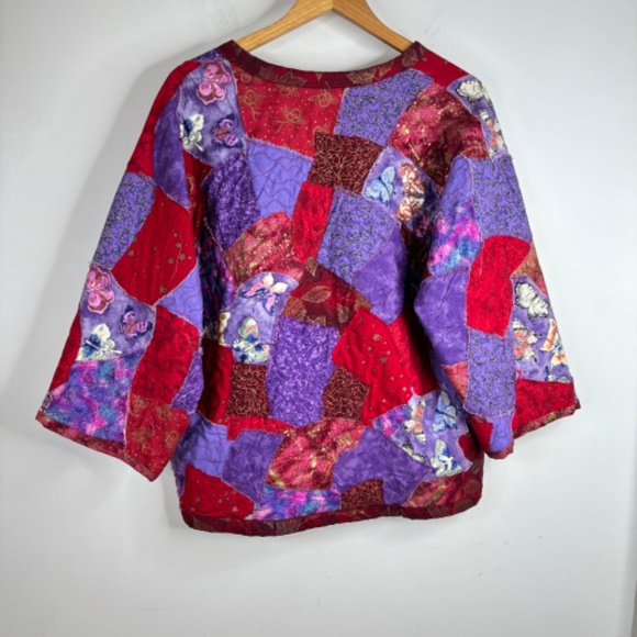 VTG Quilted Coat Kimono Patchwork Purple Butterfly Jerzees L Artsy Granny Boho - Picture 4 of 9